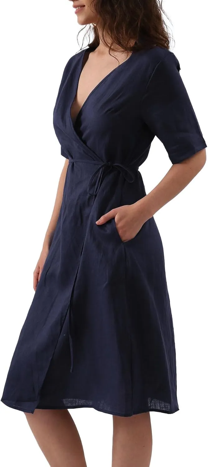 Amazhiyu Womens Pure Linen Summer Short Sleeve Wrap Midi Dresses with Pockets
