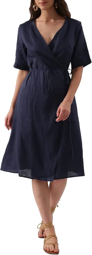 Amazhiyu Womens Pure Linen Summer Short Sleeve Wrap Midi Dresses with Pockets