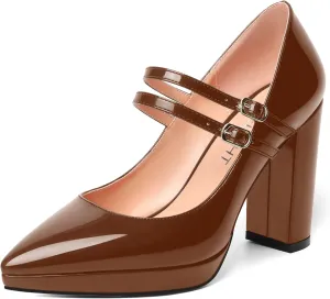 AMBELIGHT Womens Dating Platform Patent Pointed Toe Adjustable Strap Buckle Fashion Dress Chunky High Heel Pumps Shoes 4 Inch