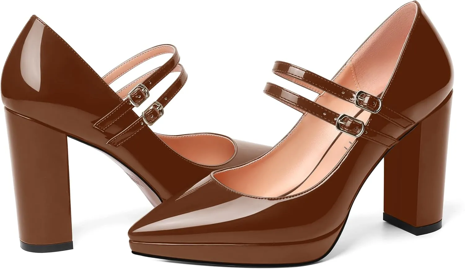 AMBELIGHT Womens Dating Platform Patent Pointed Toe Adjustable Strap Buckle Fashion Dress Chunky High Heel Pumps Shoes 4 Inch
