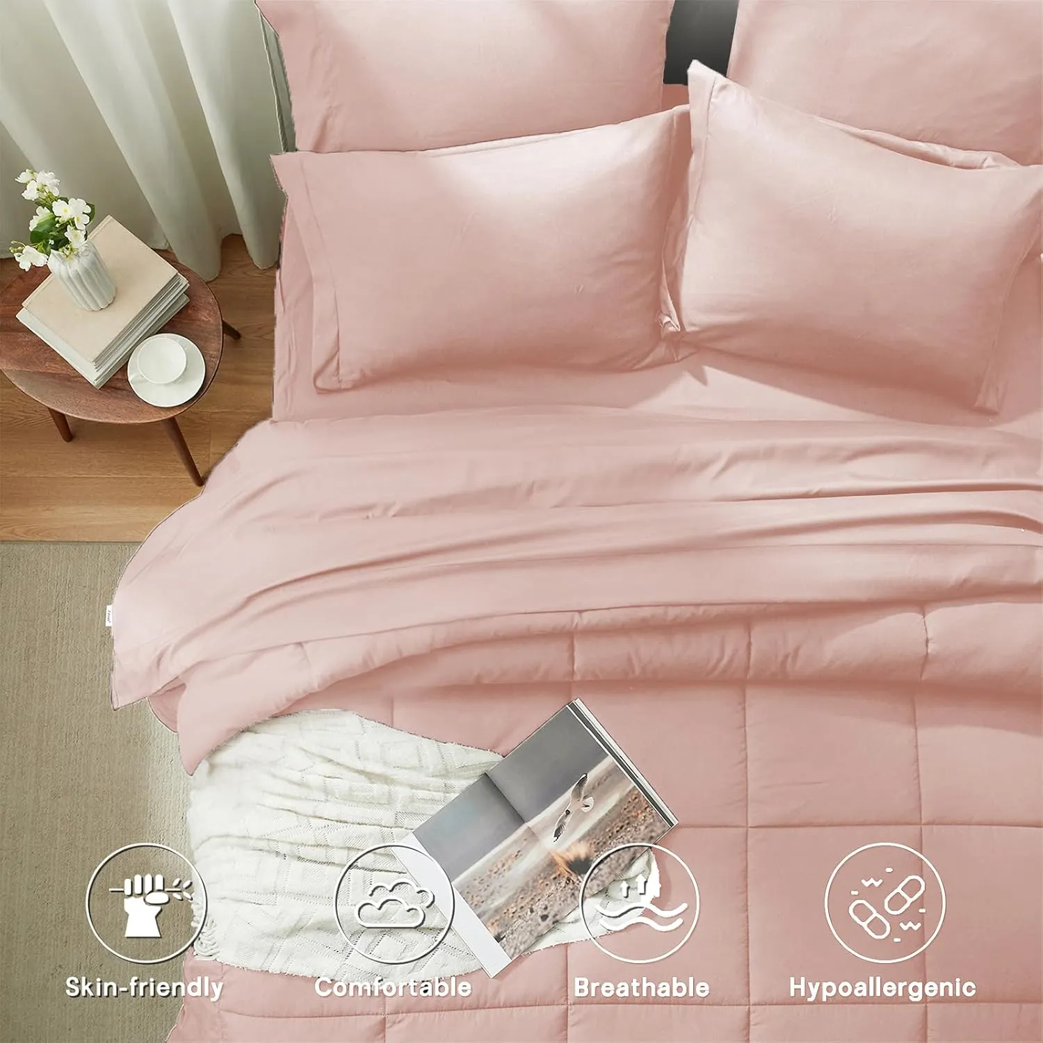 Anluoer King Size Bed in a Bag 7 Pieces, Pink Comforter Set with Sheets, All Season Bedding Sets with 1 Comforter, 2 Pillow Shams, 2 Pillowcases, 1 Flat Sheet, 1 Fitted Sheet
