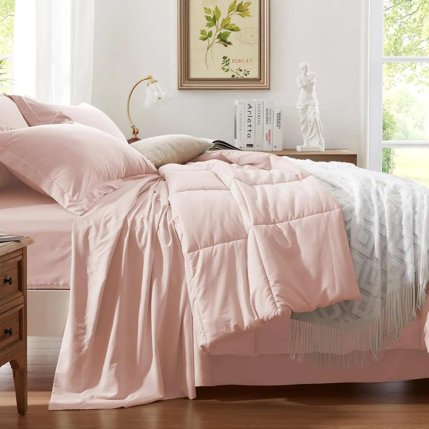 Anluoer King Size Bed in a Bag 7 Pieces, Pink Comforter Set with Sheets, All Season Bedding Sets with 1 Comforter, 2 Pillow Shams, 2 Pillowcases, 1 Flat Sheet, 1 Fitted Sheet