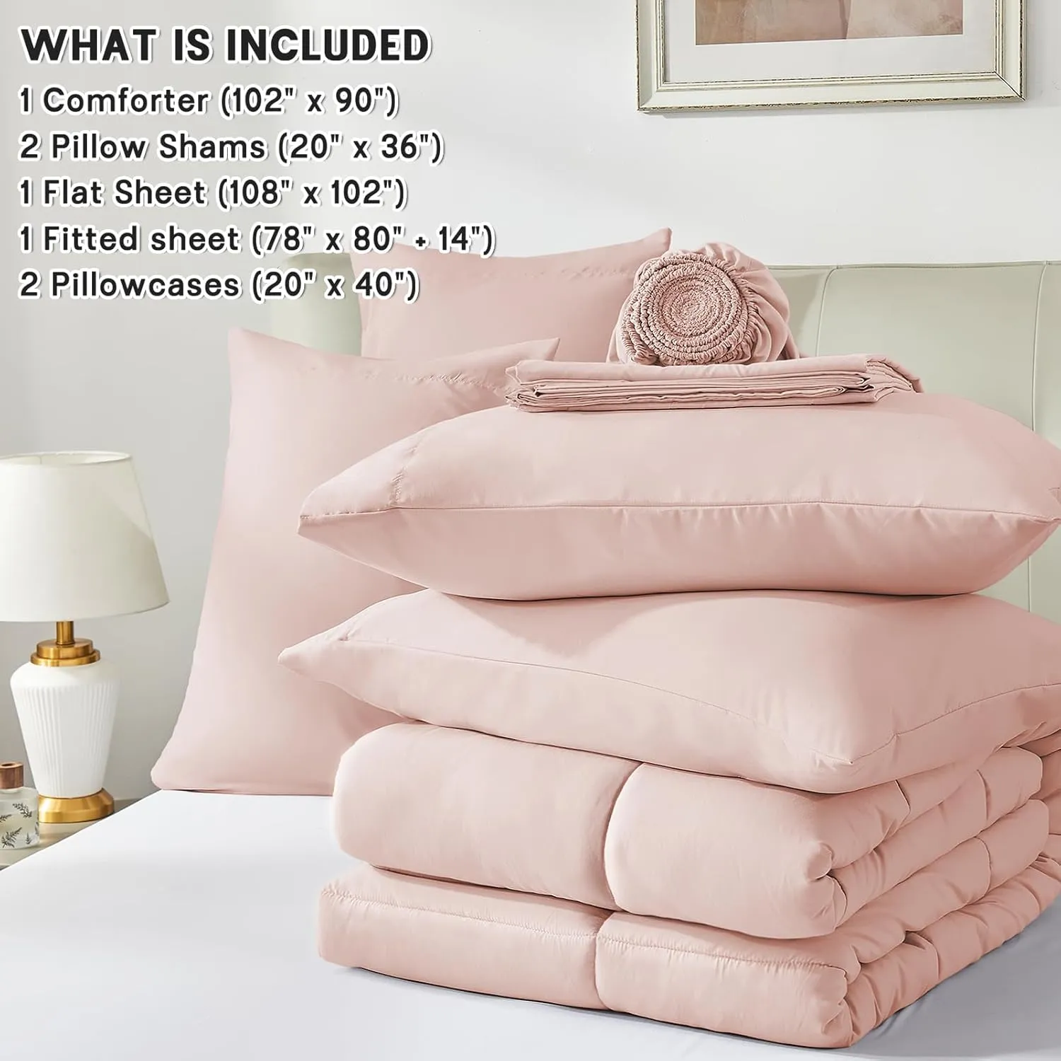 Anluoer King Size Bed in a Bag 7 Pieces, Pink Comforter Set with Sheets, All Season Bedding Sets with 1 Comforter, 2 Pillow Shams, 2 Pillowcases, 1 Flat Sheet, 1 Fitted Sheet