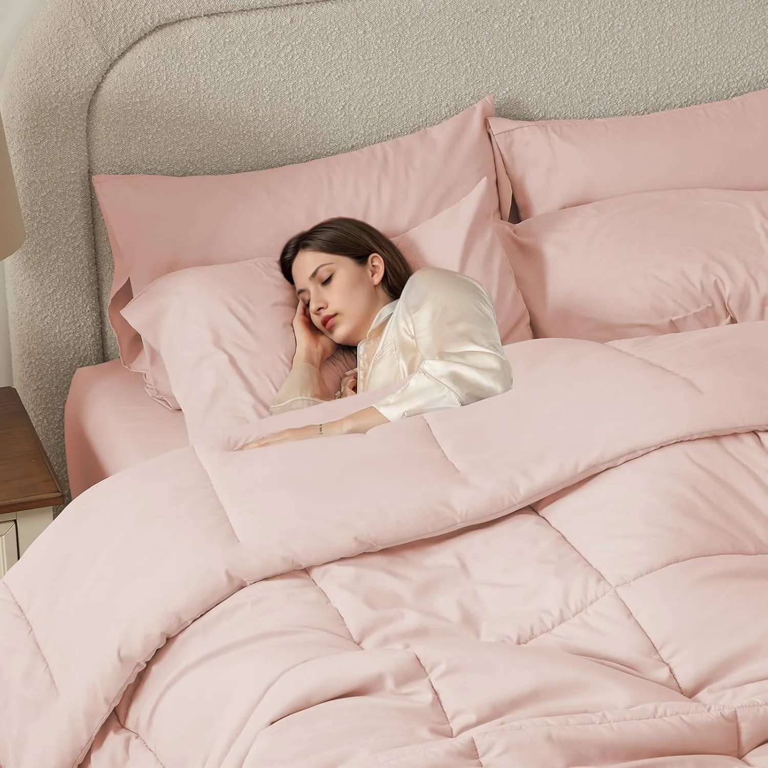 Anluoer King Size Bed in a Bag 7 Pieces, Pink Comforter Set with Sheets, All Season Bedding Sets with 1 Comforter, 2 Pillow Shams, 2 Pillowcases, 1 Flat Sheet, 1 Fitted Sheet