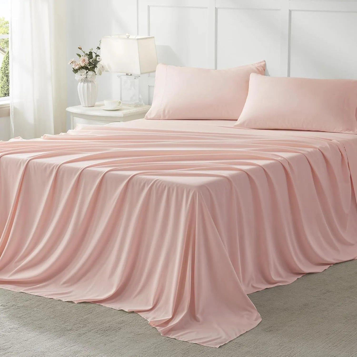 Anluoer King Size Bed in a Bag 7 Pieces, Pink Comforter Set with Sheets, All Season Bedding Sets with 1 Comforter, 2 Pillow Shams, 2 Pillowcases, 1 Flat Sheet, 1 Fitted Sheet