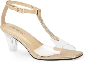 ANN CREEK Women's Clear Heels Rhinestone T-Strap Peep Toe Sandals