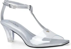 ANN CREEK Women's Clear Heels Rhinestone T-Strap Peep Toe Sandals