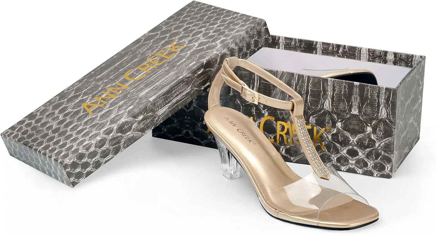 ANN CREEK Women's Clear Heels Rhinestone T-Strap Peep Toe Sandals