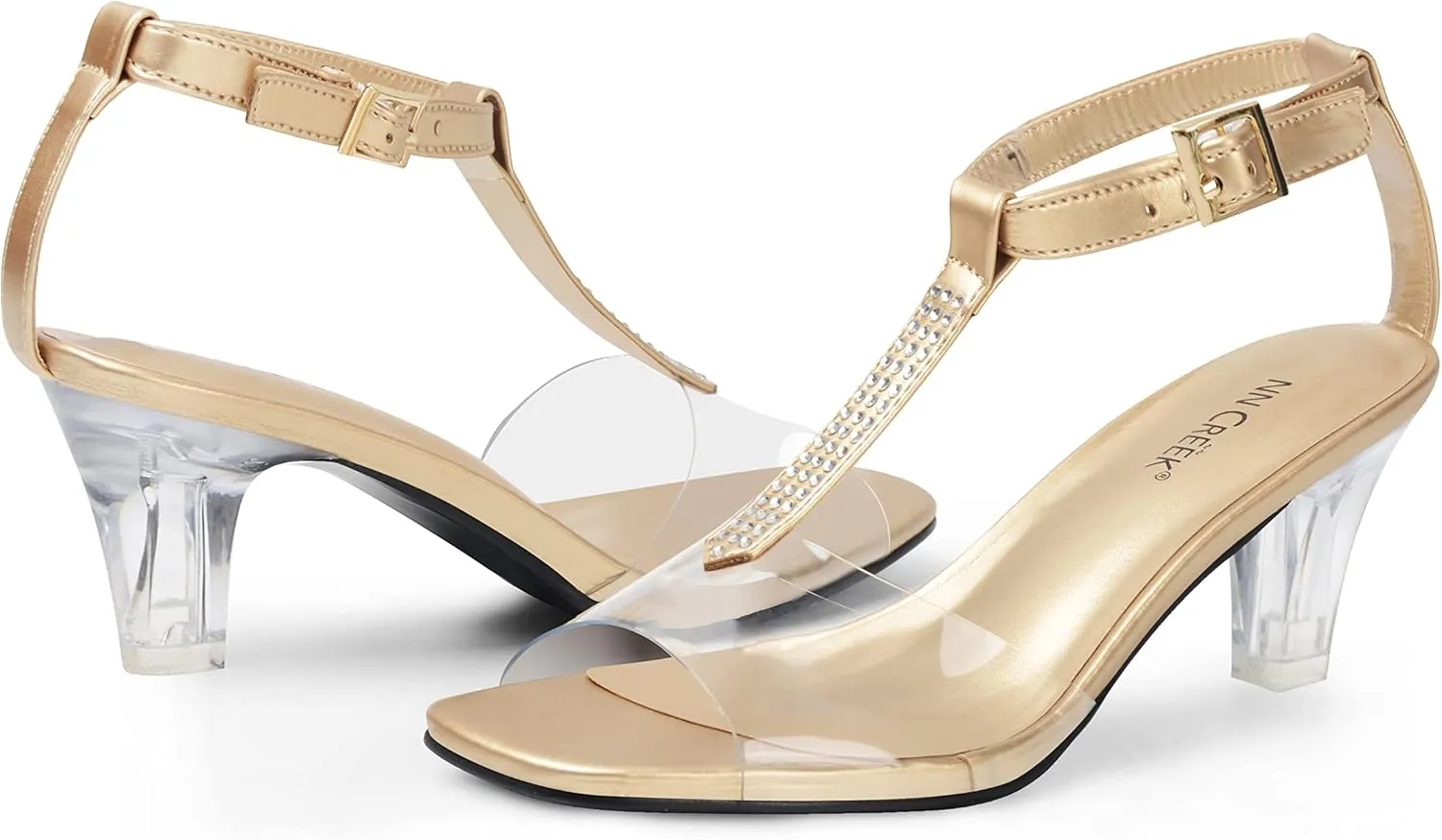 ANN CREEK Women's Clear Heels Rhinestone T-Strap Peep Toe Sandals