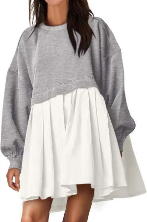 ANRABESS Women Sweatshirts Dress Oversized Long Sleeve Patchwork Casual Loose Pleated Pullover Mini Dress Fall Outfits 2025