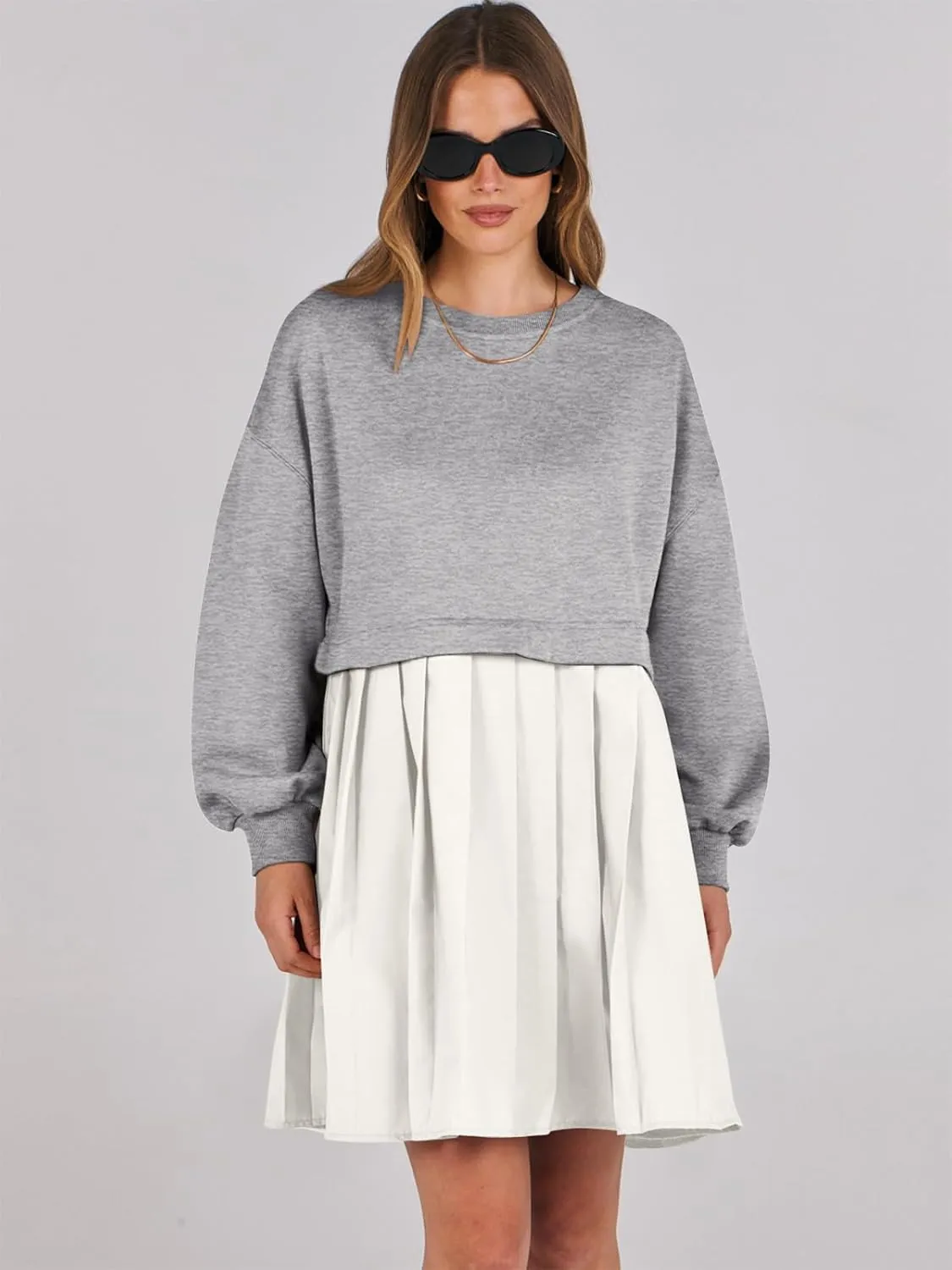 ANRABESS Women Sweatshirts Dress Oversized Long Sleeve Patchwork Casual Loose Pleated Pullover Mini Dress Fall Outfits 2025