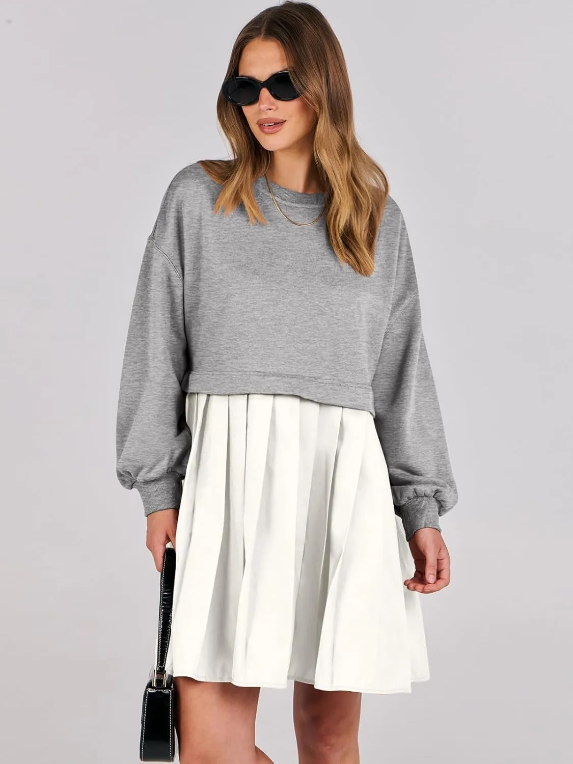 ANRABESS Women Sweatshirts Dress Oversized Long Sleeve Patchwork Casual Loose Pleated Pullover Mini Dress Fall Outfits 2025