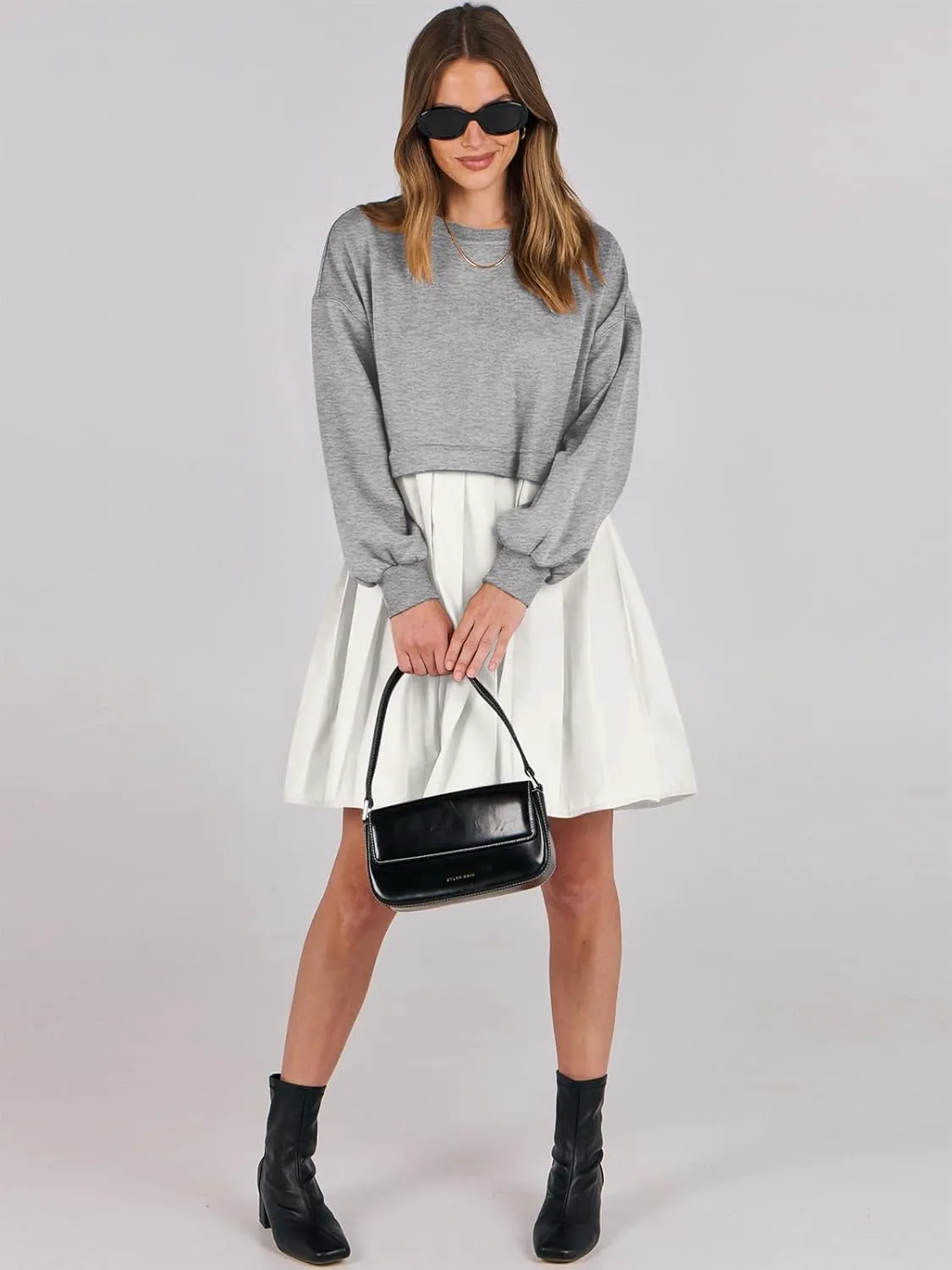 ANRABESS Women Sweatshirts Dress Oversized Long Sleeve Patchwork Casual Loose Pleated Pullover Mini Dress Fall Outfits 2025