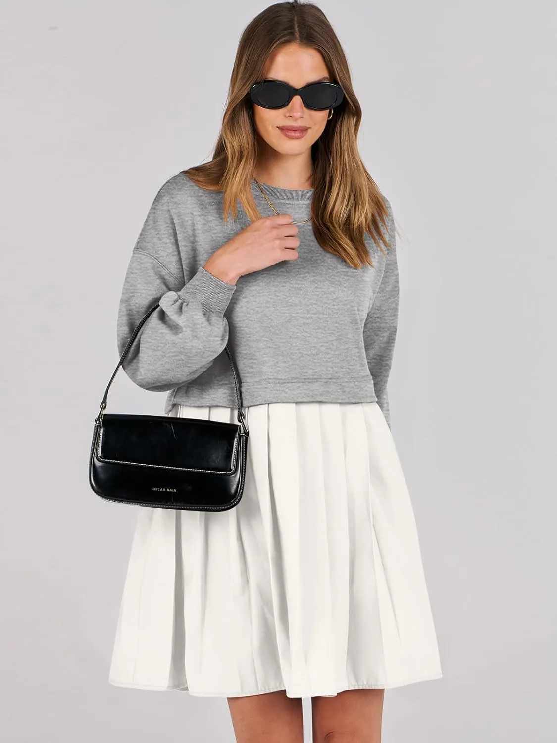 ANRABESS Women Sweatshirts Dress Oversized Long Sleeve Patchwork Casual Loose Pleated Pullover Mini Dress Fall Outfits 2025