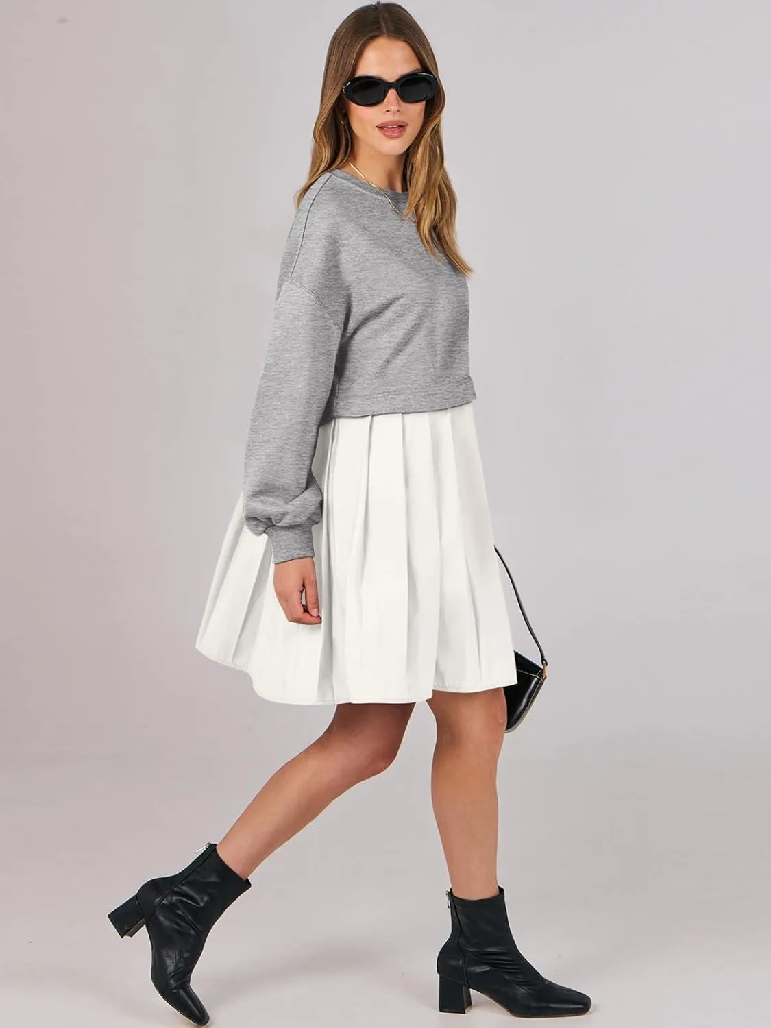 ANRABESS Women Sweatshirts Dress Oversized Long Sleeve Patchwork Casual Loose Pleated Pullover Mini Dress Fall Outfits 2025