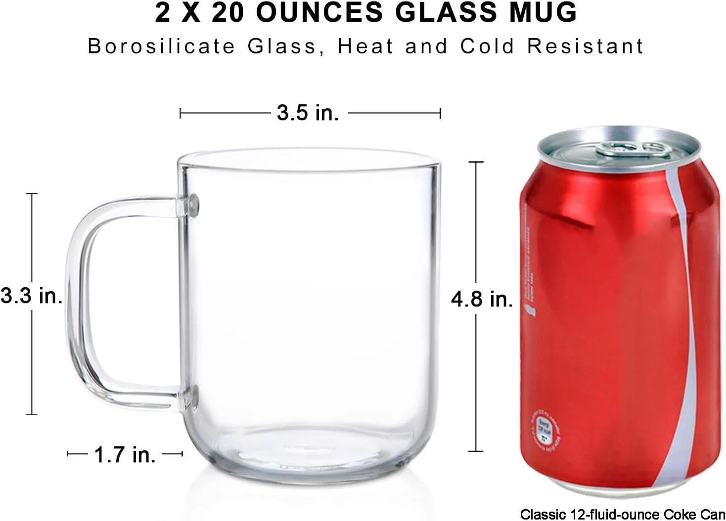 Aquach Glass Mugs 20 oz Set of 2, Extra Large Clear Glass Cup with Handle for Hot/Cold Coffee Tea Beverage, Drinking Glasses