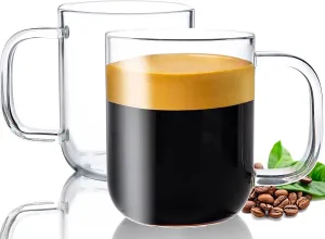 Aquach Glass Mugs 20 oz Set of 2, Extra Large Clear Glass Cup with Handle for Hot/Cold Coffee Tea Beverage, Drinking Glasses