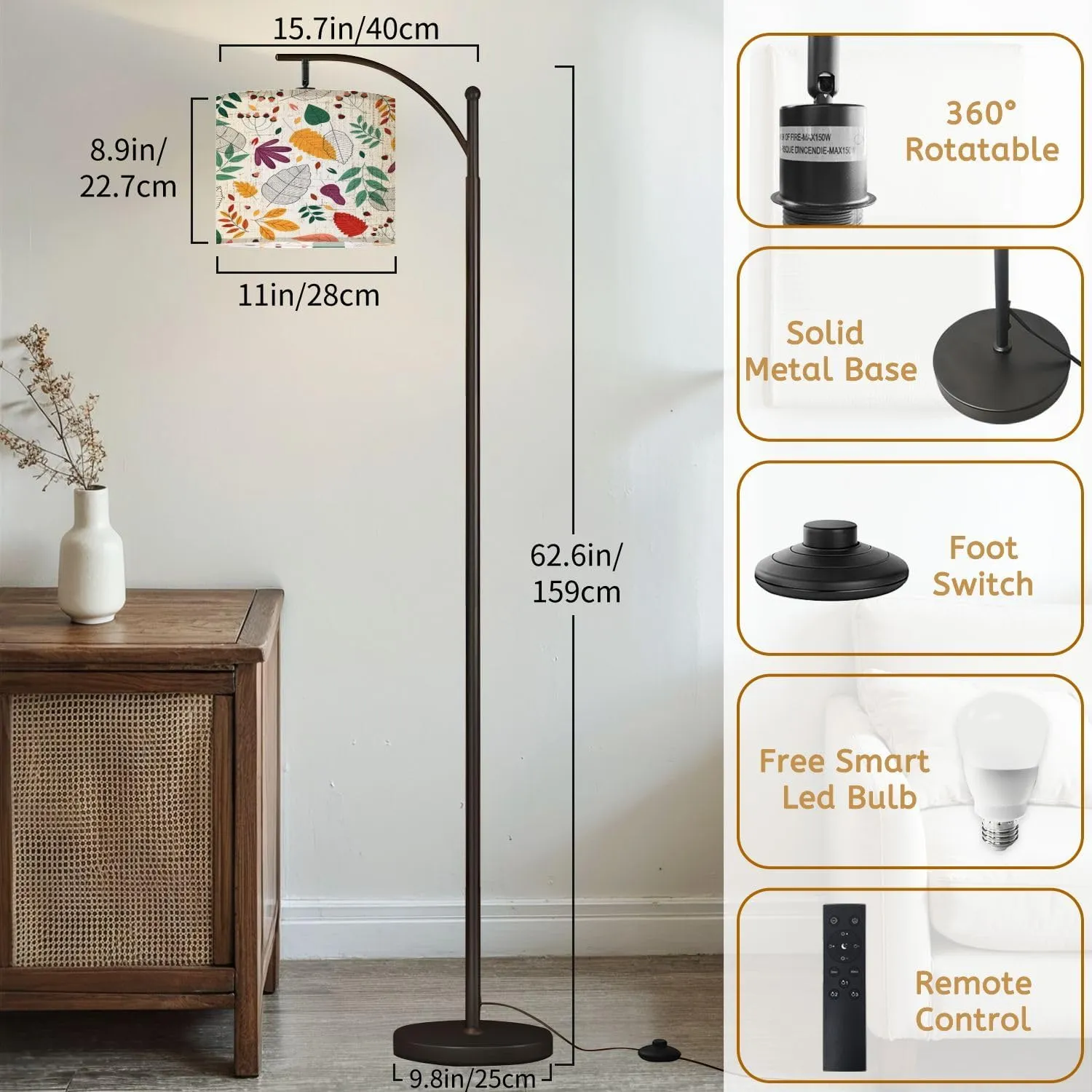 Arc Floor Lamps Autumn Flat Design Leaves Modern LED Adjustable Lampshade Standing Light for Living Room Reading Bedroom Office
