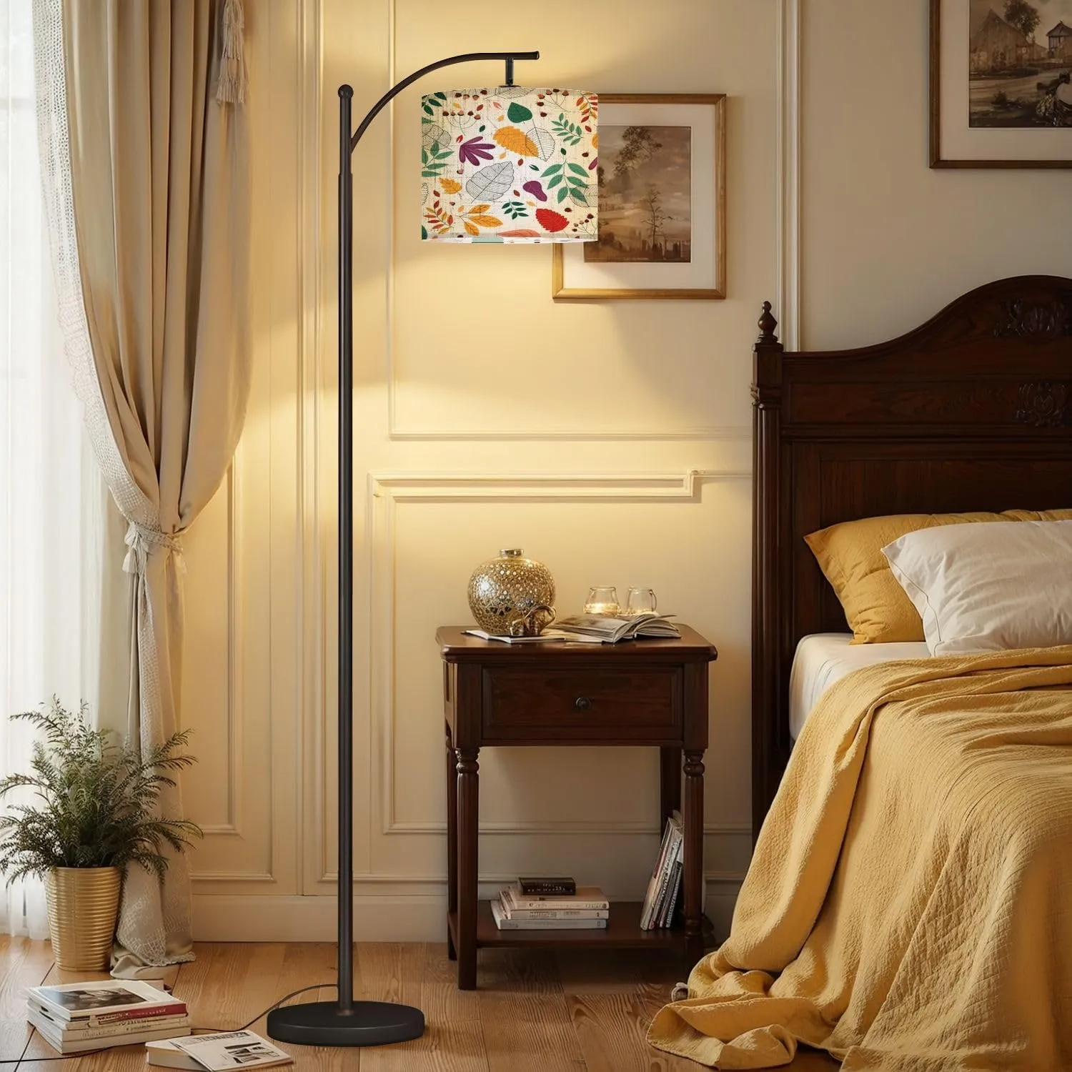 Arc Floor Lamps Autumn Flat Design Leaves Modern LED Adjustable Lampshade Standing Light for Living Room Reading Bedroom Office