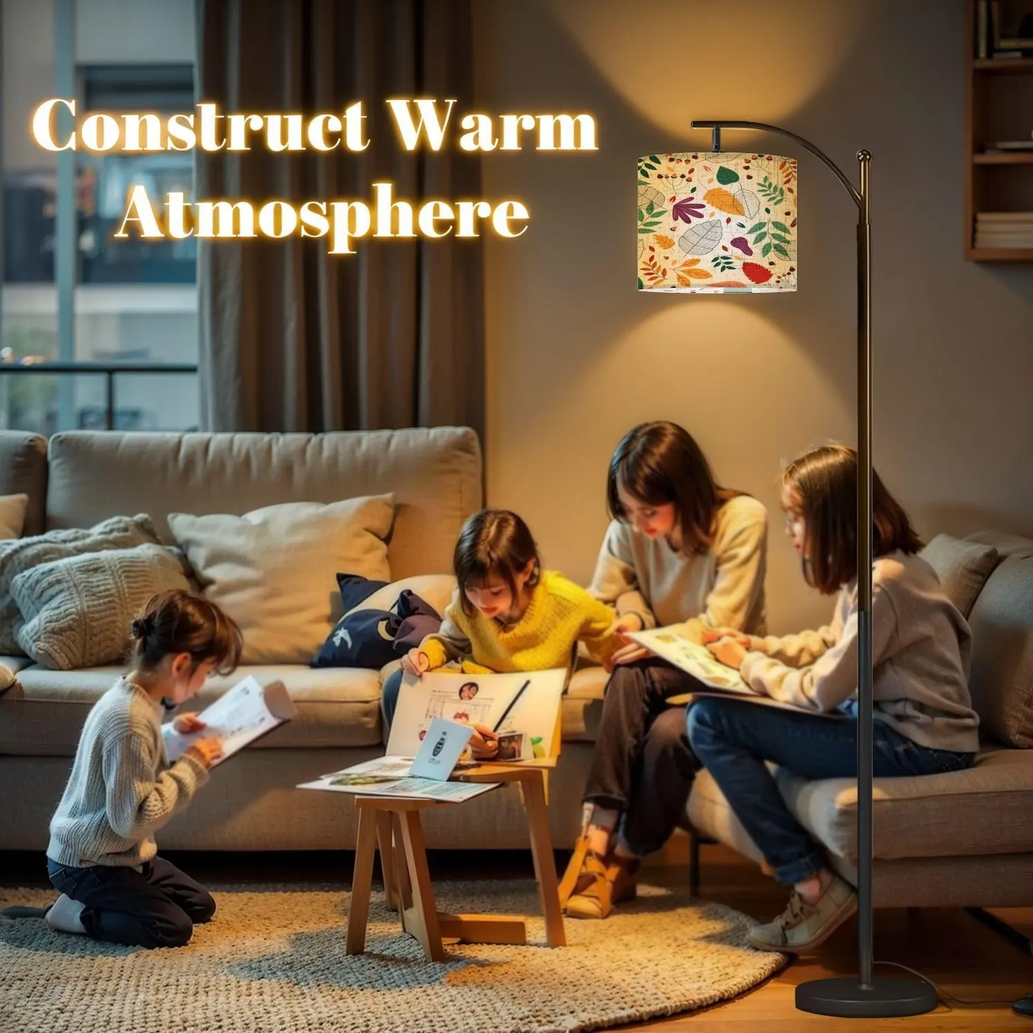 Arc Floor Lamps Autumn Flat Design Leaves Modern LED Adjustable Lampshade Standing Light for Living Room Reading Bedroom Office