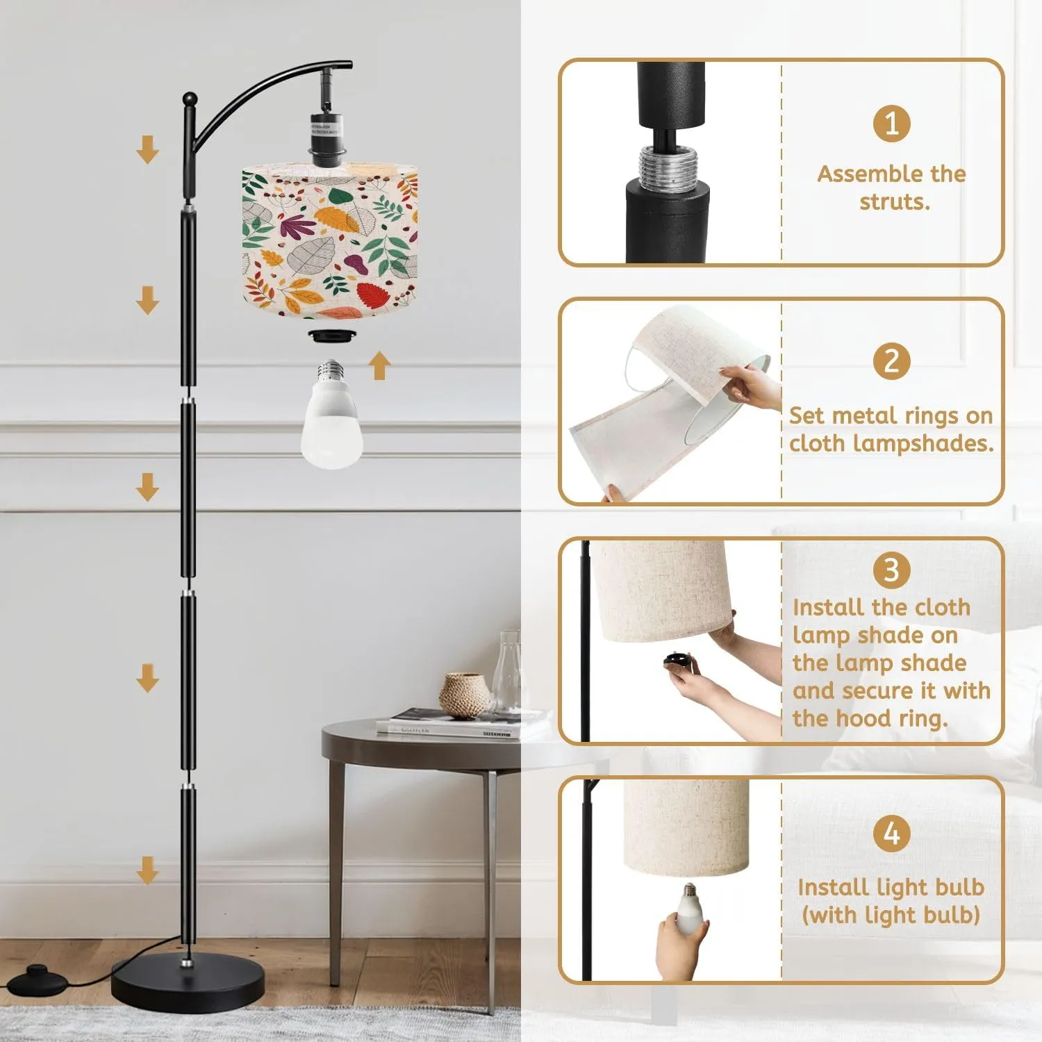 Arc Floor Lamps Autumn Flat Design Leaves Modern LED Adjustable Lampshade Standing Light for Living Room Reading Bedroom Office