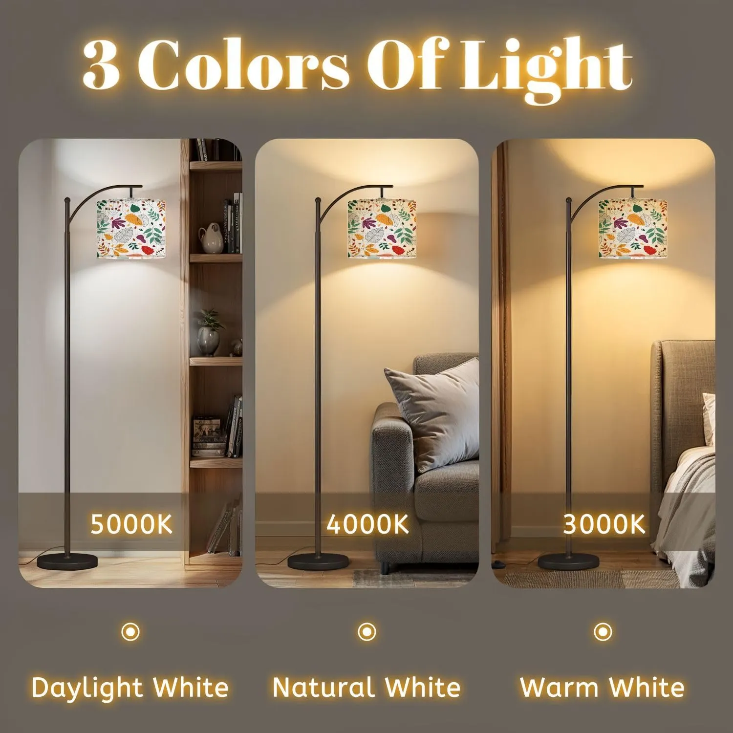 Arc Floor Lamps Autumn Flat Design Leaves Modern LED Adjustable Lampshade Standing Light for Living Room Reading Bedroom Office
