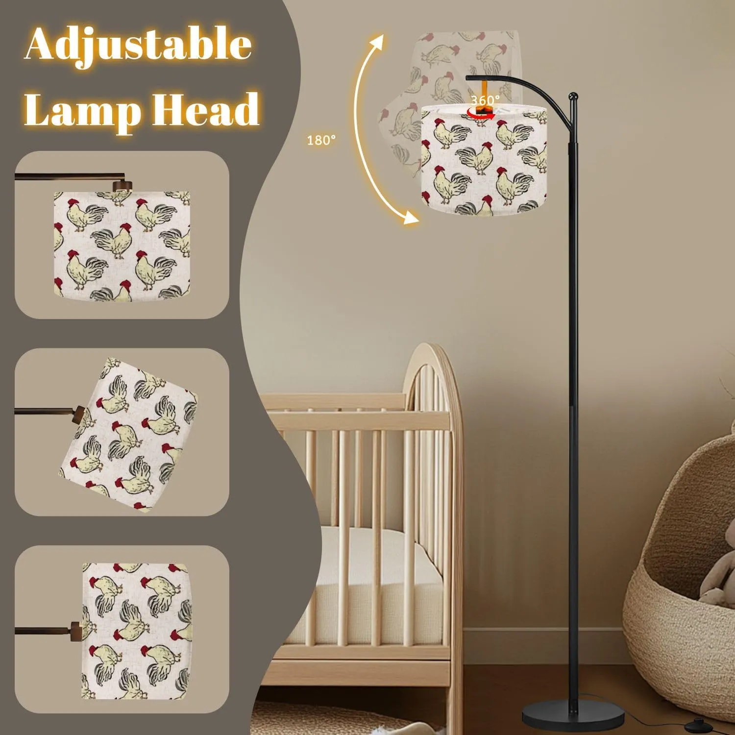 Arc Floor Lamps Hen Rooster Seamless Pattern Hand Drawn Doodle Flat Modern LED Adjustable Lampshade Standing Light for Living Room Reading Bedroom Office