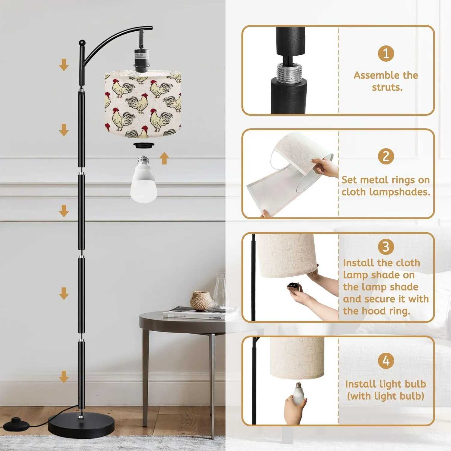 Arc Floor Lamps Hen Rooster Seamless Pattern Hand Drawn Doodle Flat Modern LED Adjustable Lampshade Standing Light for Living Room Reading Bedroom Office