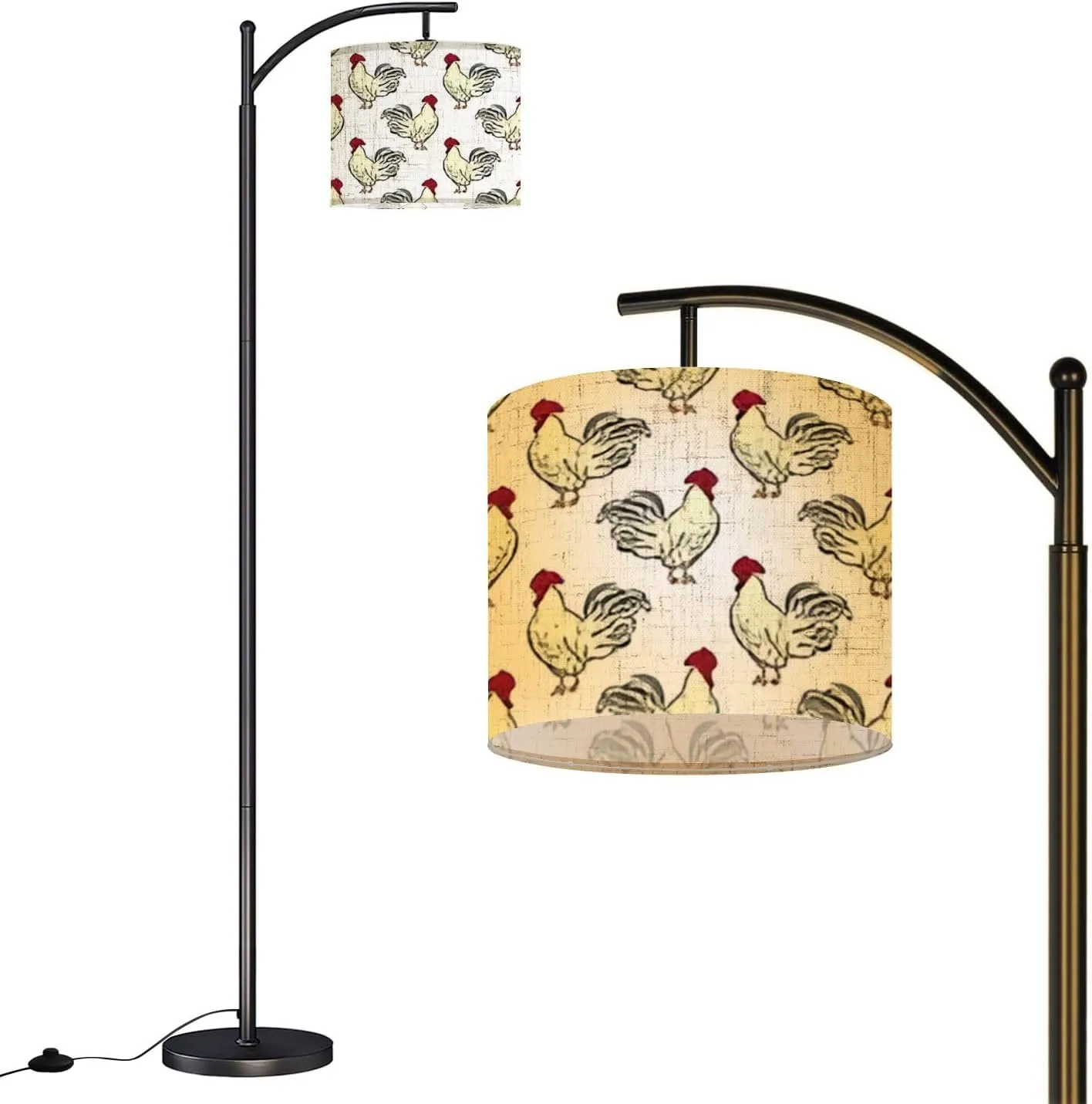 Arc Floor Lamps Hen Rooster Seamless Pattern Hand Drawn Doodle Flat Modern LED Adjustable Lampshade Standing Light for Living Room Reading Bedroom Office