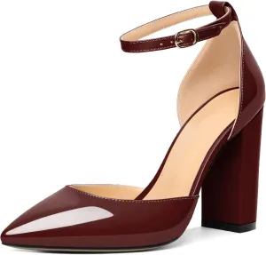AUMOTED Women High Heel Pumps Chunky Heel Pointed Toe Patent Block Heels Ankle Strap Solid Dress Pumps Shoes 4 Inch