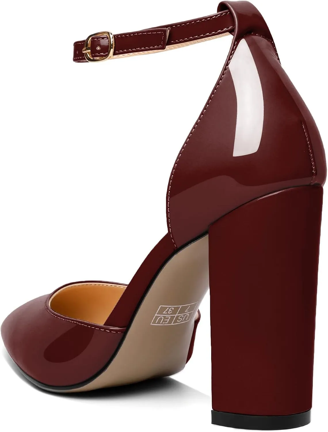 AUMOTED Women High Heel Pumps Chunky Heel Pointed Toe Patent Block Heels Ankle Strap Solid Dress Pumps Shoes 4 Inch