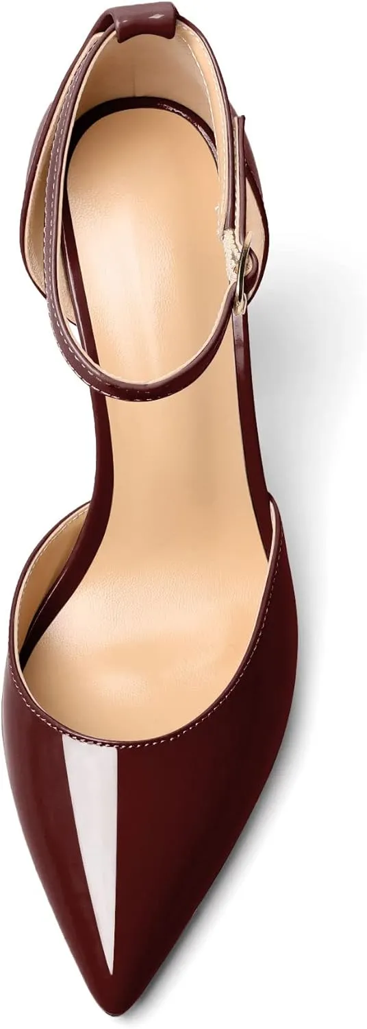 AUMOTED Women High Heel Pumps Chunky Heel Pointed Toe Patent Block Heels Ankle Strap Solid Dress Pumps Shoes 4 Inch