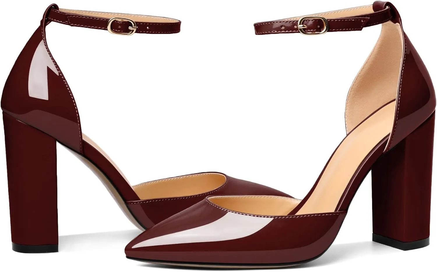 AUMOTED Women High Heel Pumps Chunky Heel Pointed Toe Patent Block Heels Ankle Strap Solid Dress Pumps Shoes 4 Inch
