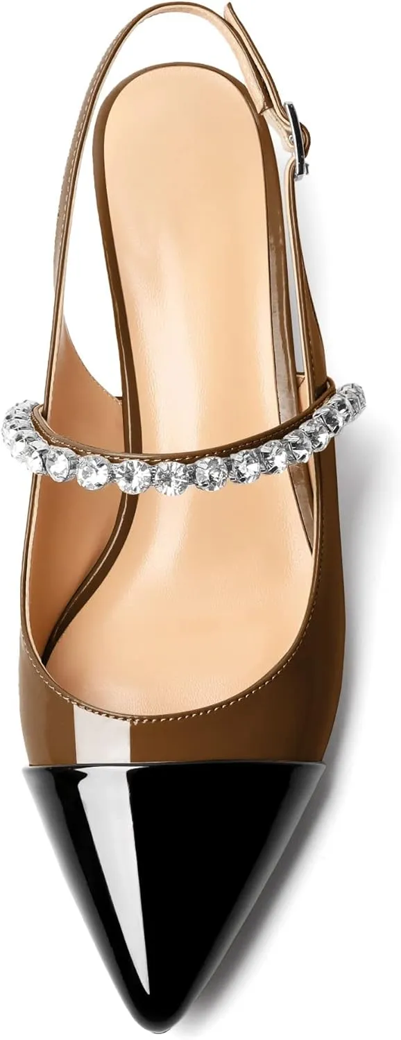 AUMOTED Women Kitten Pumps Solid Slingback Heels Mary Janes Rhinestone Heels Pointed Cap Toe Low Heeled Pumps Patent Leather Dress Shoes 1.4 Inches