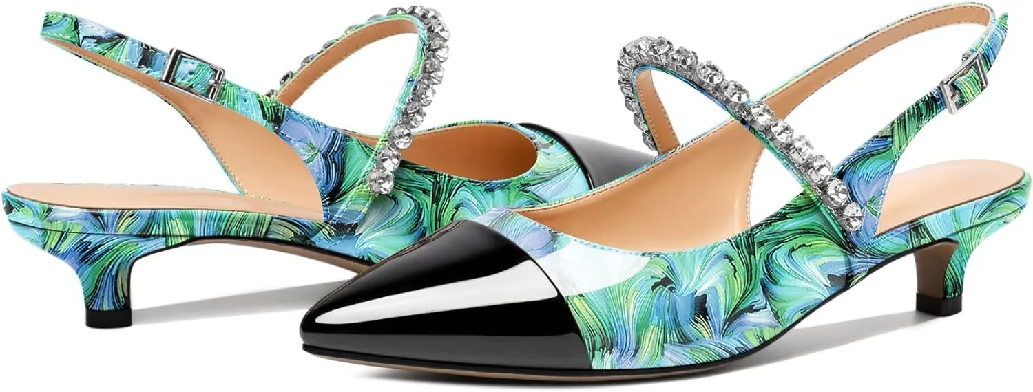 AUMOTED Women Kitten Pumps Solid Slingback Heels Mary Janes Rhinestone Heels Pointed Cap Toe Low Heeled Pumps Patent Leather Dress Shoes 1.4 Inches