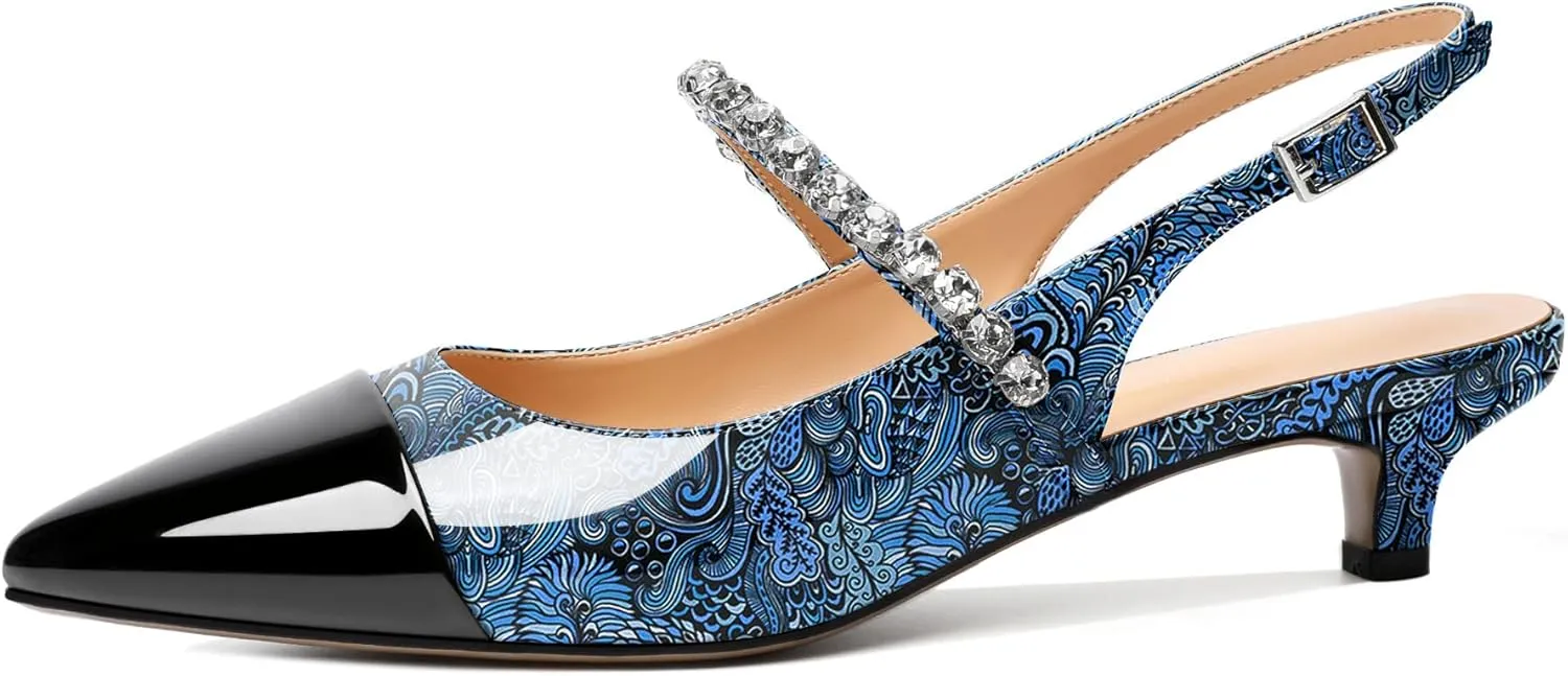 AUMOTED Women Kitten Pumps Solid Slingback Heels Mary Janes Rhinestone Heels Pointed Cap Toe Low Heeled Pumps Patent Leather Dress Shoes 1.4 Inches