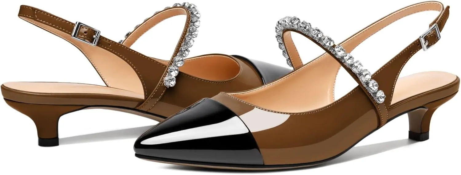 AUMOTED Women Kitten Pumps Solid Slingback Heels Mary Janes Rhinestone Heels Pointed Cap Toe Low Heeled Pumps Patent Leather Dress Shoes 1.4 Inches