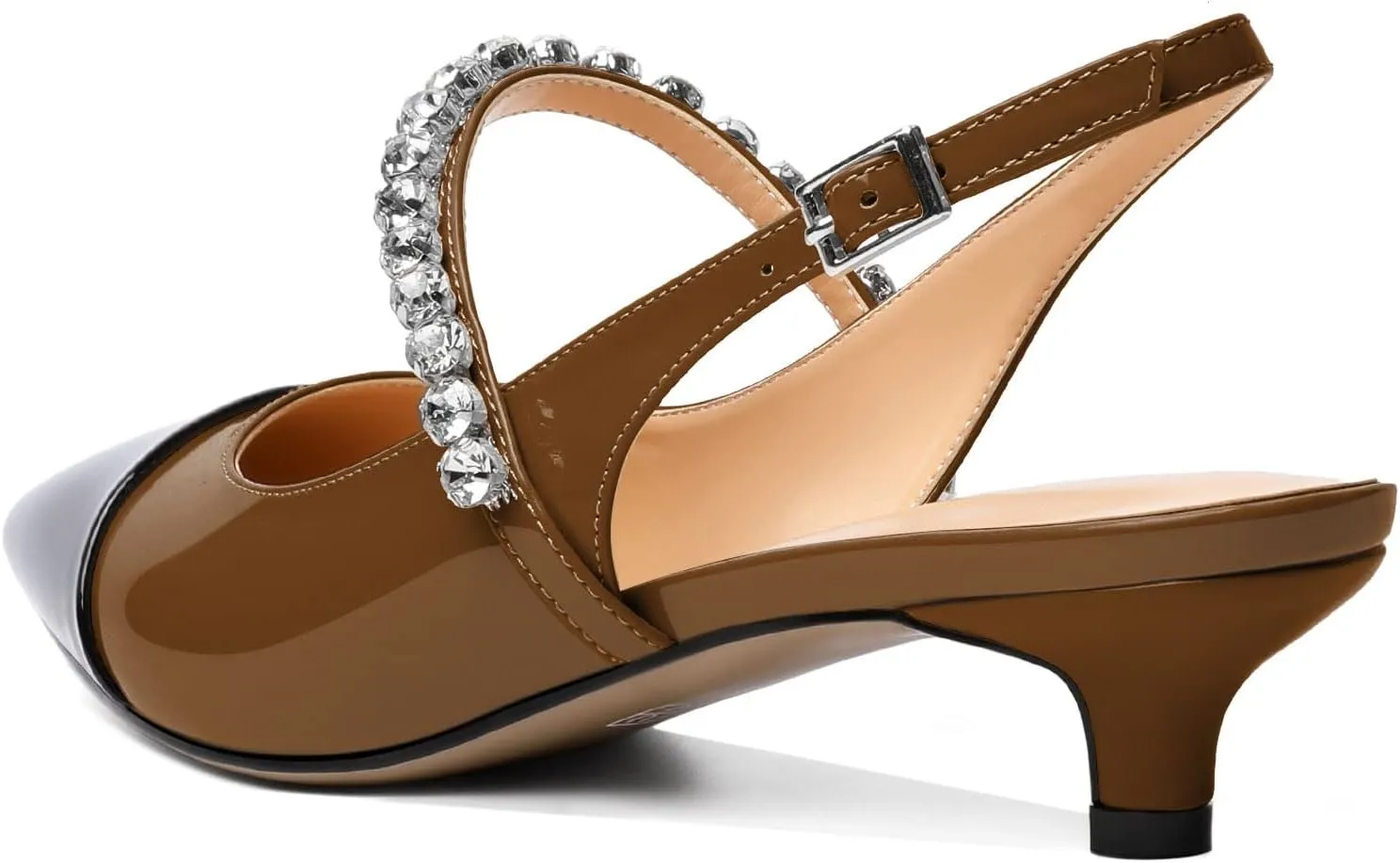 AUMOTED Women Kitten Pumps Solid Slingback Heels Mary Janes Rhinestone Heels Pointed Cap Toe Low Heeled Pumps Patent Leather Dress Shoes 1.4 Inches