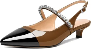 AUMOTED Women Kitten Pumps Solid Slingback Heels Mary Janes Rhinestone Heels Pointed Cap Toe Low Heeled Pumps Patent Leather Dress Shoes 1.4 Inches