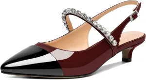 AUMOTED Women Kitten Pumps Solid Slingback Heels Mary Janes Rhinestone Heels Pointed Cap Toe Low Heeled Pumps Patent Leather Dress Shoes 1.4 Inches