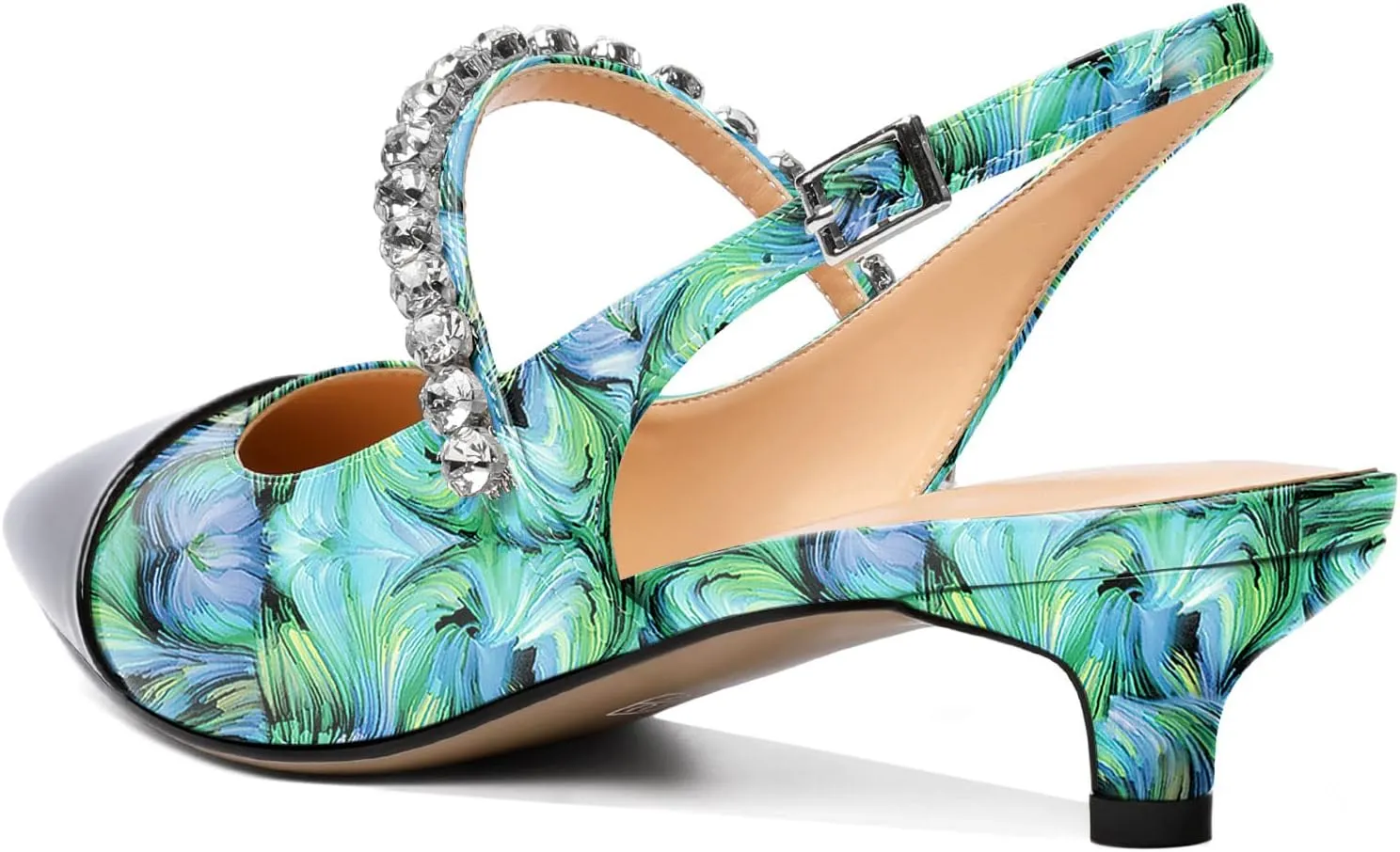 AUMOTED Women Kitten Pumps Solid Slingback Heels Mary Janes Rhinestone Heels Pointed Cap Toe Low Heeled Pumps Patent Leather Dress Shoes 1.4 Inches