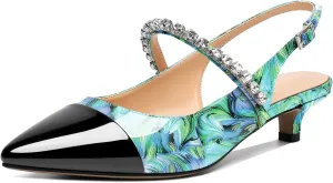 AUMOTED Women Kitten Pumps Solid Slingback Heels Mary Janes Rhinestone Heels Pointed Cap Toe Low Heeled Pumps Patent Leather Dress Shoes 1.4 Inches