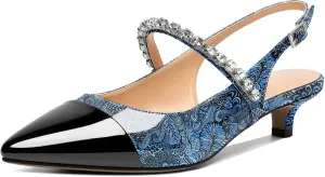 AUMOTED Women Kitten Pumps Solid Slingback Heels Mary Janes Rhinestone Heels Pointed Cap Toe Low Heeled Pumps Patent Leather Dress Shoes 1.4 Inches