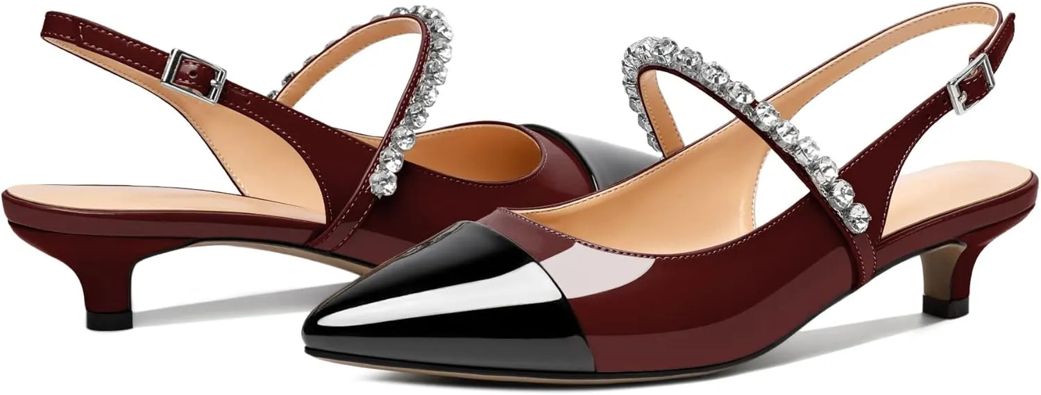 AUMOTED Women Kitten Pumps Solid Slingback Heels Mary Janes Rhinestone Heels Pointed Cap Toe Low Heeled Pumps Patent Leather Dress Shoes 1.4 Inches