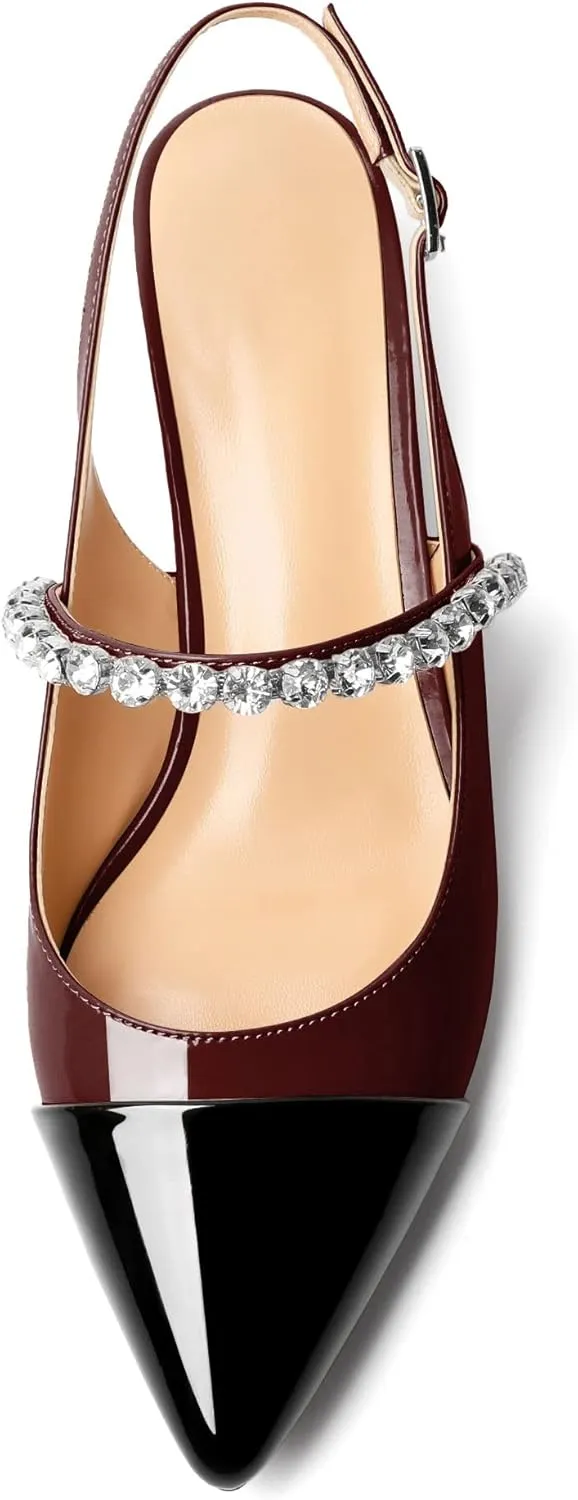 AUMOTED Women Kitten Pumps Solid Slingback Heels Mary Janes Rhinestone Heels Pointed Cap Toe Low Heeled Pumps Patent Leather Dress Shoes 1.4 Inches