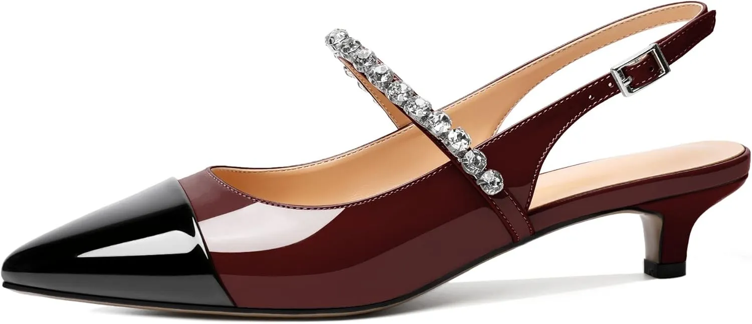 AUMOTED Women Kitten Pumps Solid Slingback Heels Mary Janes Rhinestone Heels Pointed Cap Toe Low Heeled Pumps Patent Leather Dress Shoes 1.4 Inches