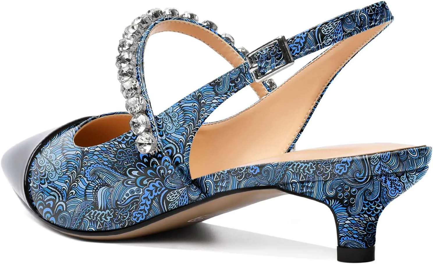AUMOTED Women Kitten Pumps Solid Slingback Heels Mary Janes Rhinestone Heels Pointed Cap Toe Low Heeled Pumps Patent Leather Dress Shoes 1.4 Inches