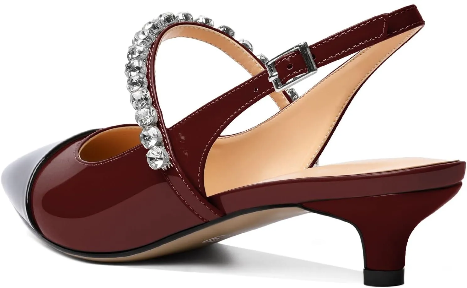 AUMOTED Women Kitten Pumps Solid Slingback Heels Mary Janes Rhinestone Heels Pointed Cap Toe Low Heeled Pumps Patent Leather Dress Shoes 1.4 Inches