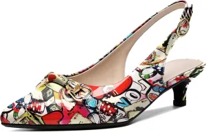 AUMOTED Women Kitten Slingback Low Heel Pumps Pointed Toe with Buckle Bow Ankle Strap Dress Shoes for Office Party Wedding 1.6 Inch