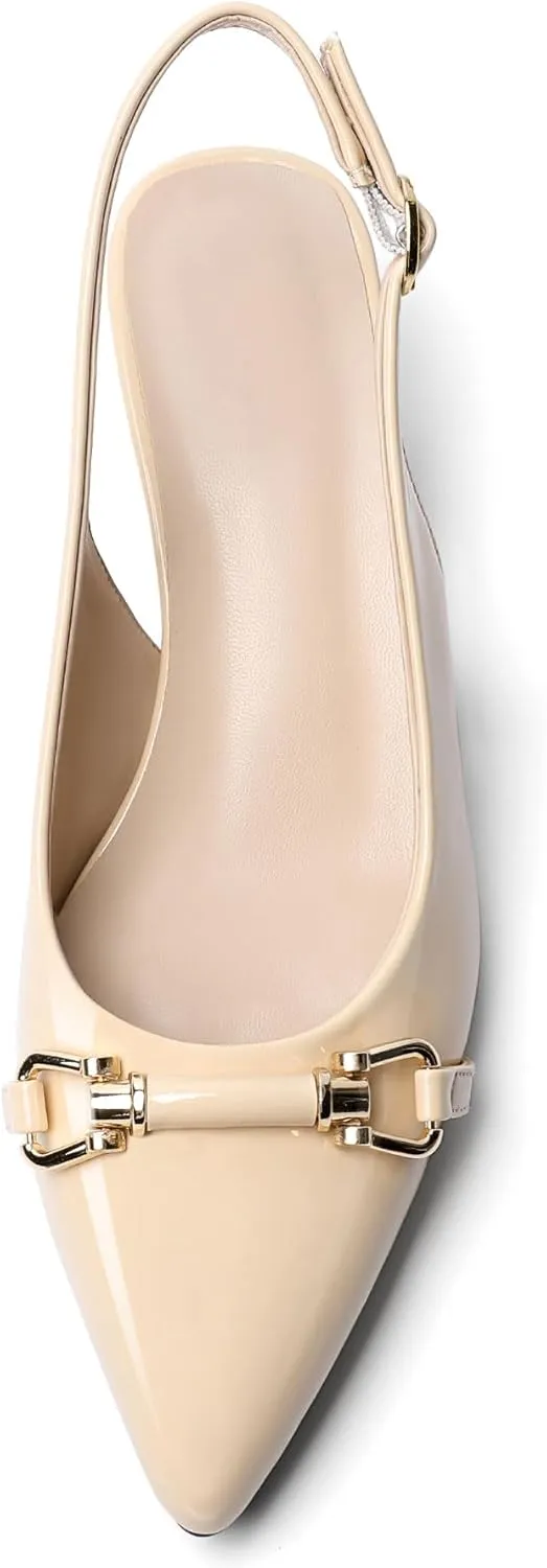 AUMOTED Women Kitten Slingback Low Heel Pumps Pointed Toe with Buckle Bow Ankle Strap Dress Shoes for Office Party Wedding 1.6 Inch